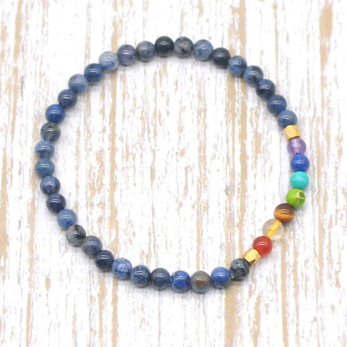 CGB864 Dumortierite With 7 Chakra Stretch Bracelet Round 4mm