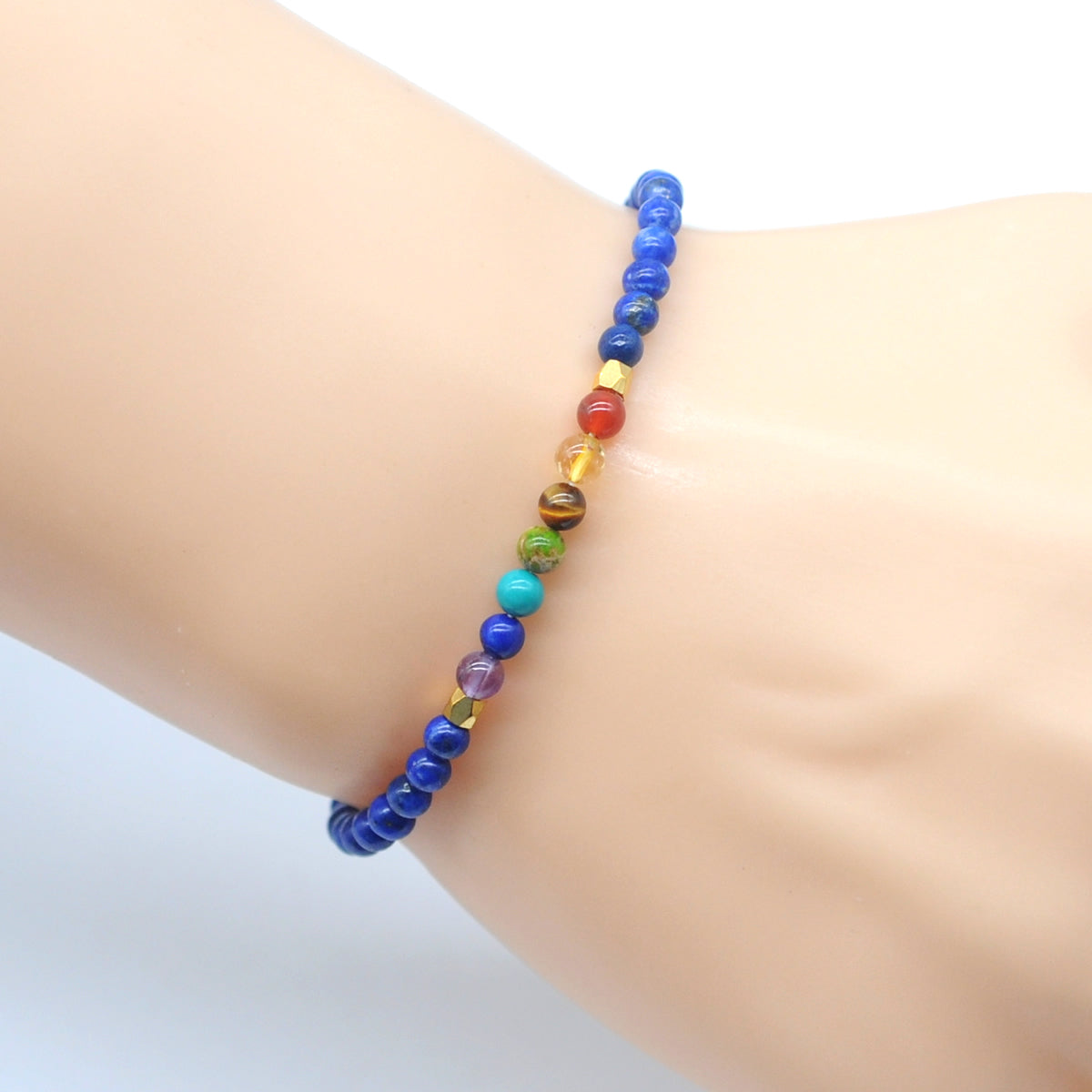 CGB865 Lapis Lazuli With 7 Chakra Stretch Bracelet Round 4mm