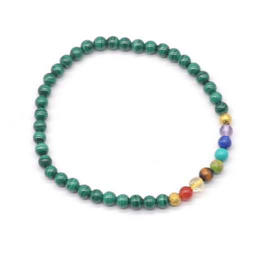 CGB866 Malachite With 7 Chakra Beaded Stretch Bracelet Round 4mm