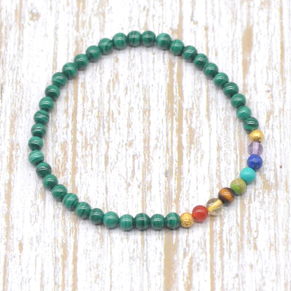 CGB866 Malachite With 7 Chakra Beaded Stretch Bracelet Round 4mm