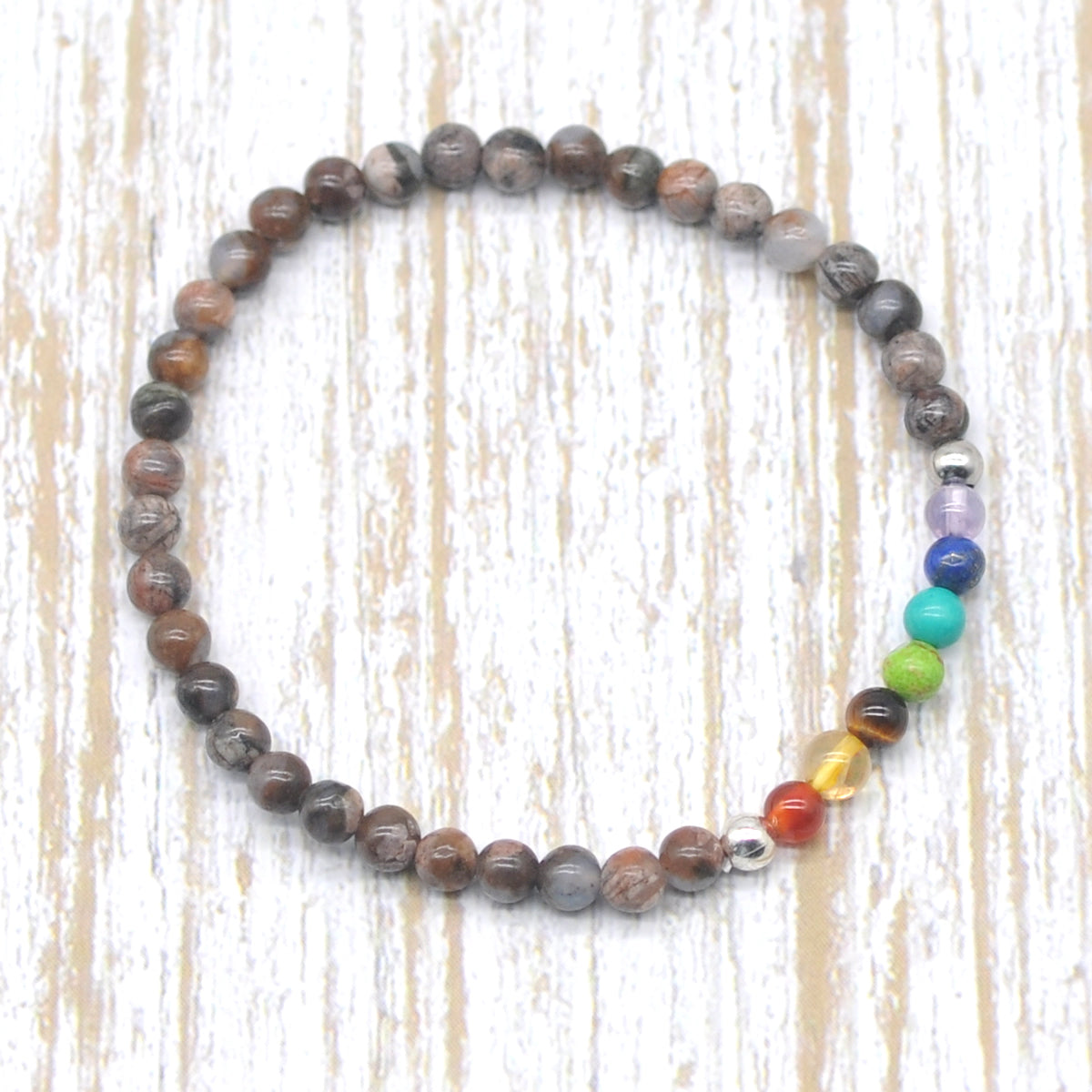 CGB867 Grey Opal With 7 Chakra Stretch Bracelet Round 4mm