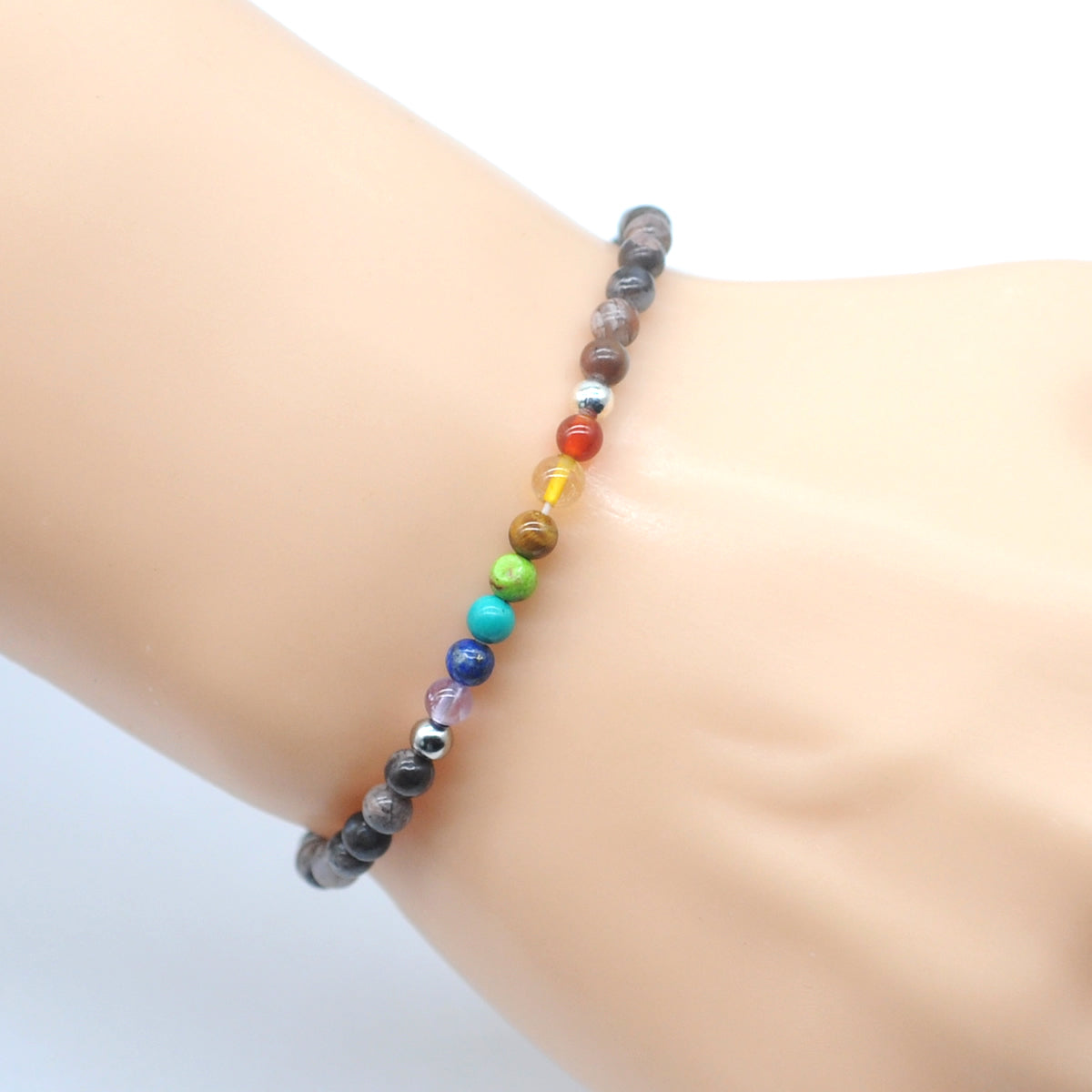 CGB867 Grey Opal With 7 Chakra Stretch Bracelet Round 4mm