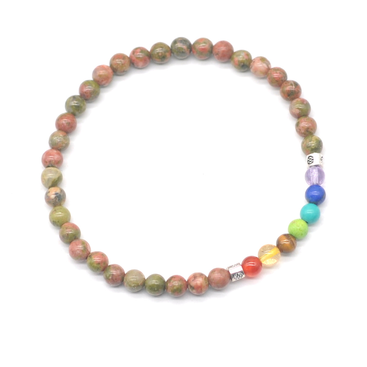 CGB869 Unakite With 7 Chakra Beaded Stretch Bracelet Round 4mm