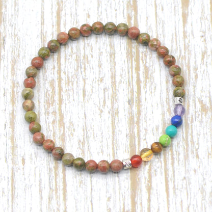 CGB869 Unakite With 7 Chakra Beaded Stretch Bracelet Round 4mm