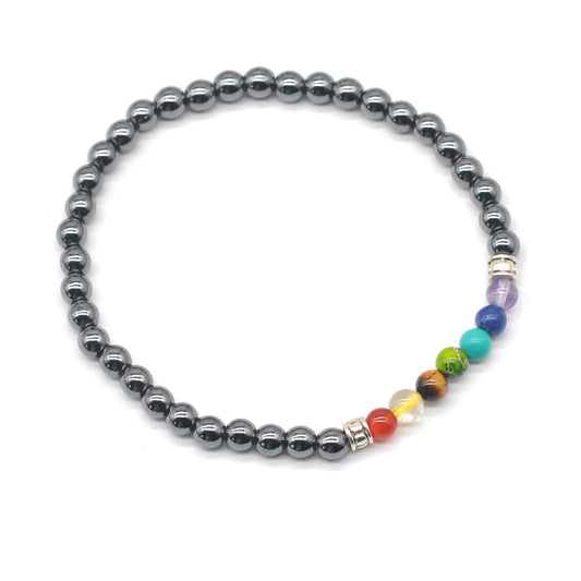 CGB870 Hematite With 7 Chakra Beaded Stretch Bracelet Round 4mm