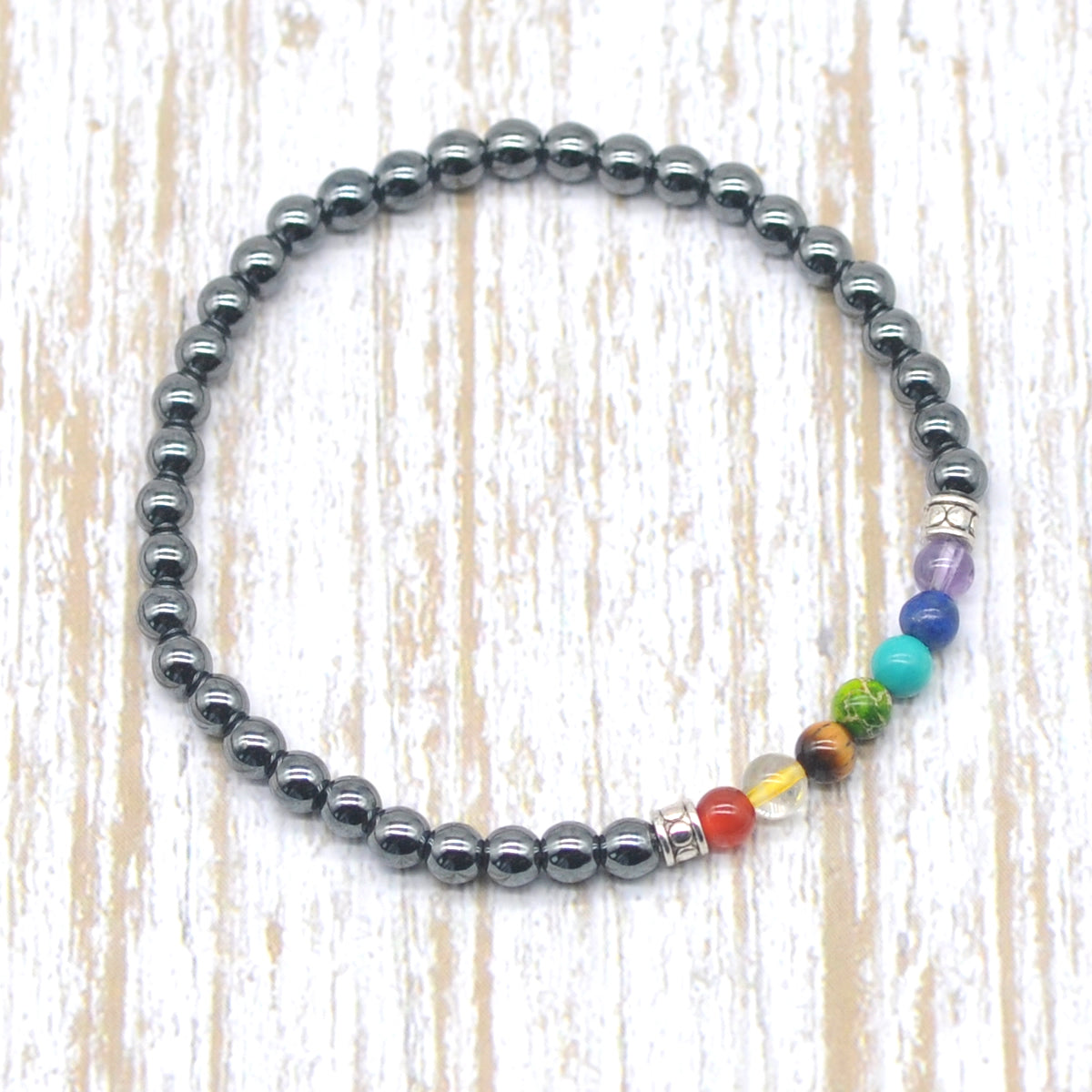 CGB870 Hematite With 7 Chakra Beaded Stretch Bracelet Round 4mm