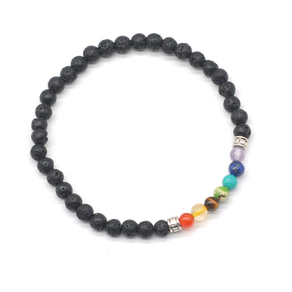 CGB871 Black Lava With 7 Chakra Stretch Bracelet Round 4mm