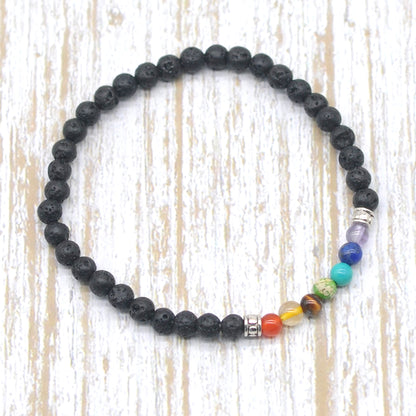 CGB871 Black Lava With 7 Chakra Stretch Bracelet Round 4mm