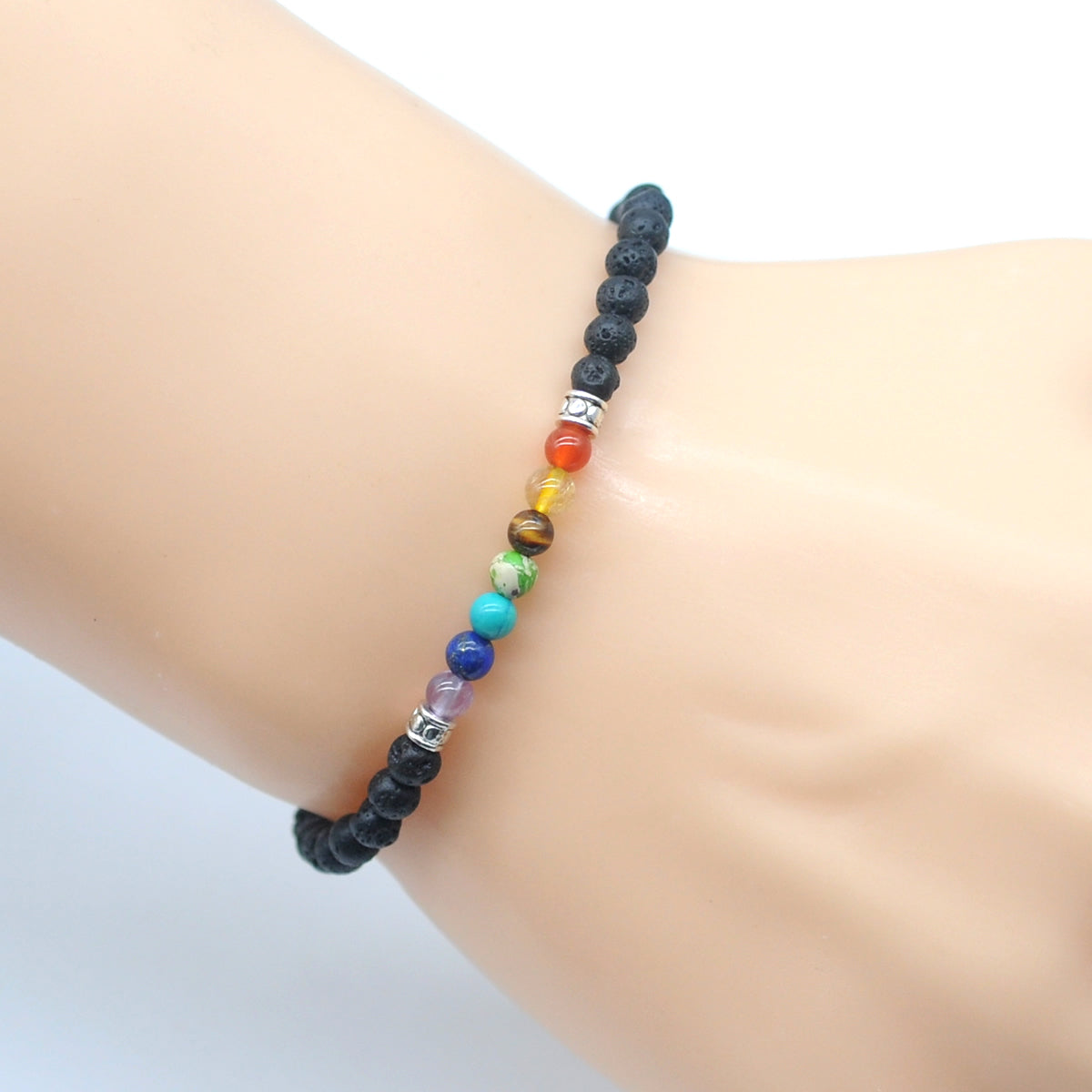 CGB871 Black Lava With 7 Chakra Stretch Bracelet Round 4mm