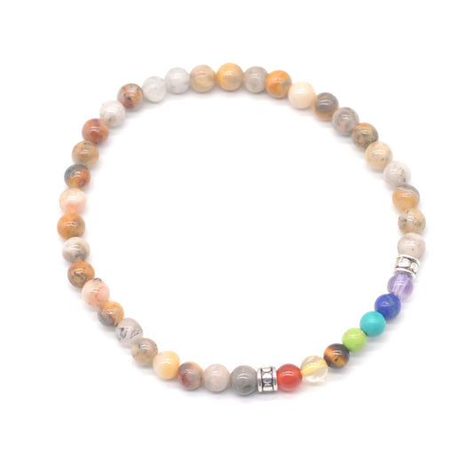 CGB876 Yellow Crazy Lace Agate With 7 Chakra Stretch Bracelet Round 4mm