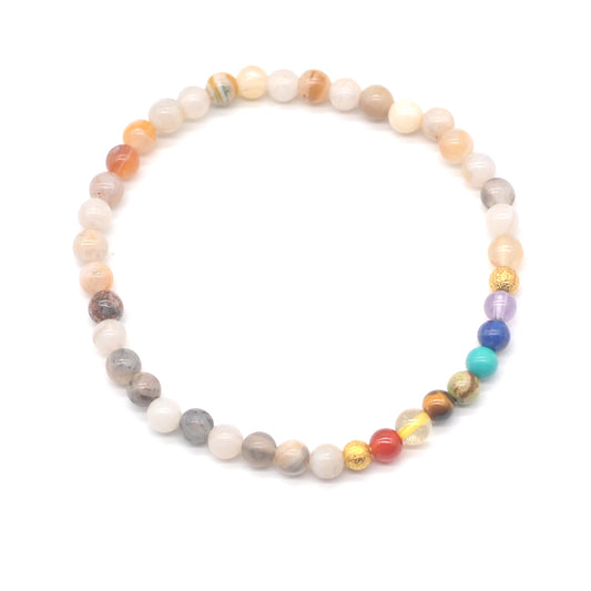 CGB877 Bamboo Leaf Agate With 7 Chakra Stretch Bracelet Round 4mm