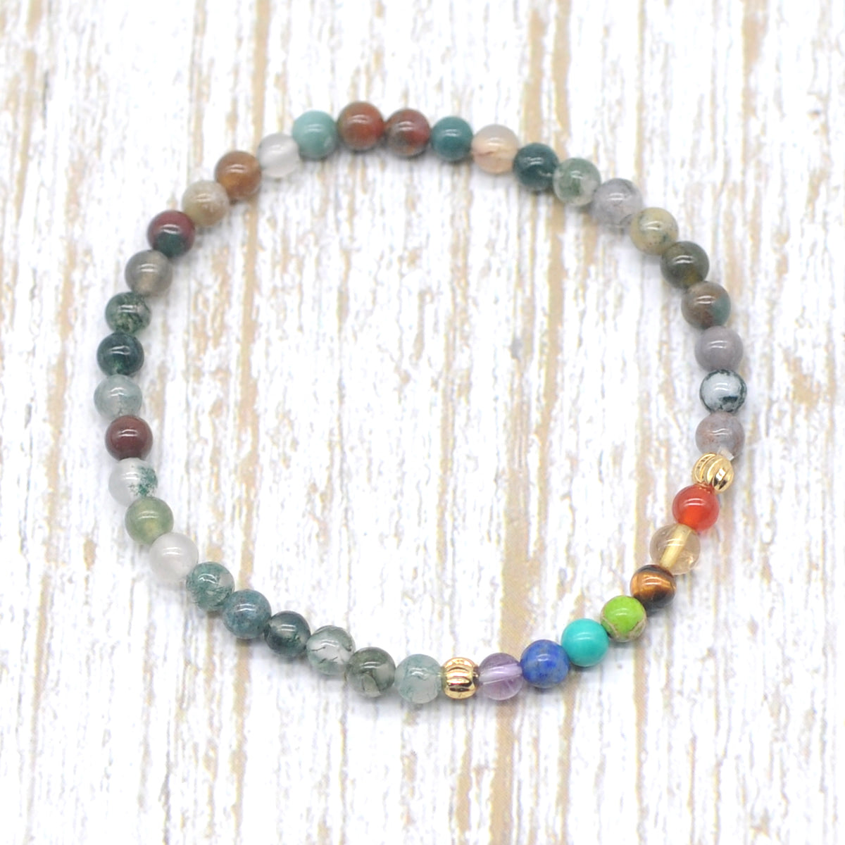 CGB878 Indian Agate With 7 Chakra Stretch Bracelet Round 4mm