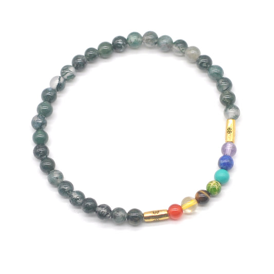 CGB879 Moss Agate With 7 Chakra Stretch Bracelet Round 4mm