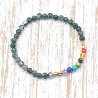 CGB879 Moss Agate With 7 Chakra Stretch Bracelet Round 4mm