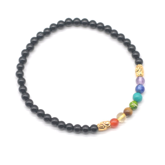 CGB883 Black Agate With 7 Chakra Stretch Bracelet Round 4mm