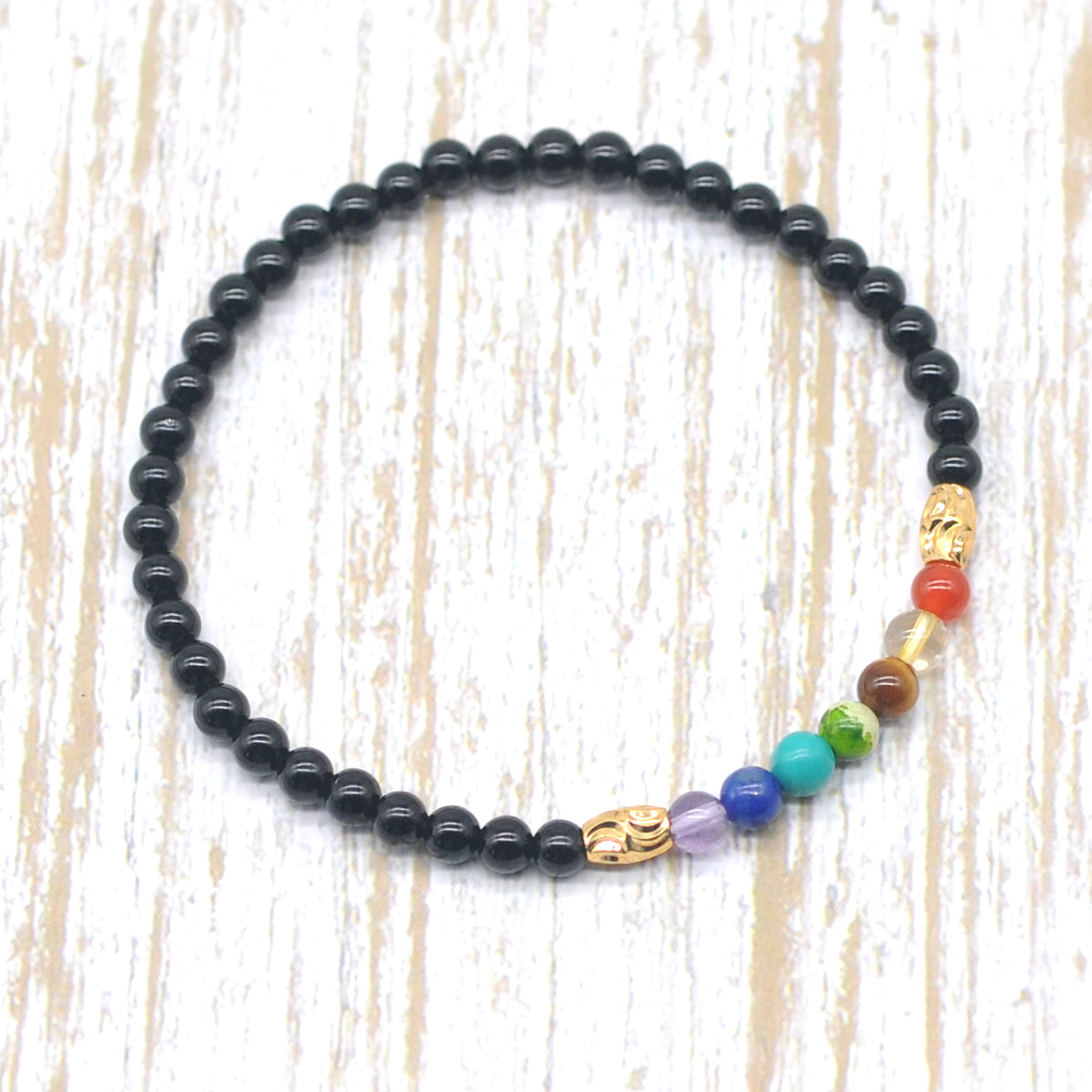 CGB883 Black Agate With 7 Chakra Stretch Bracelet Round 4mm