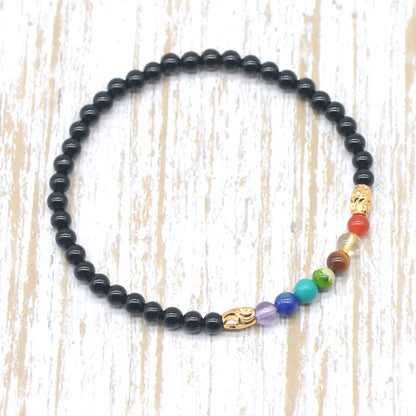 CGB883 Black Agate With 7 Chakra Stretch Bracelet Round 4mm