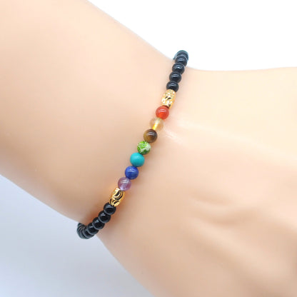 CGB883 Black Agate With 7 Chakra Stretch Bracelet Round 4mm