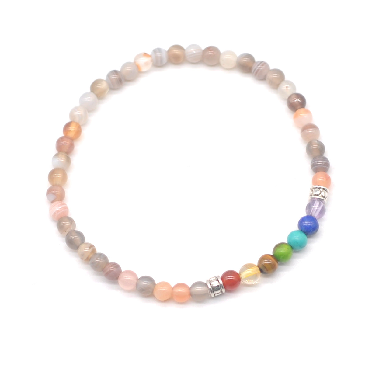 CGB885 Botswana Agate With 7 Chakra Stretch Bracelet Round 4mm