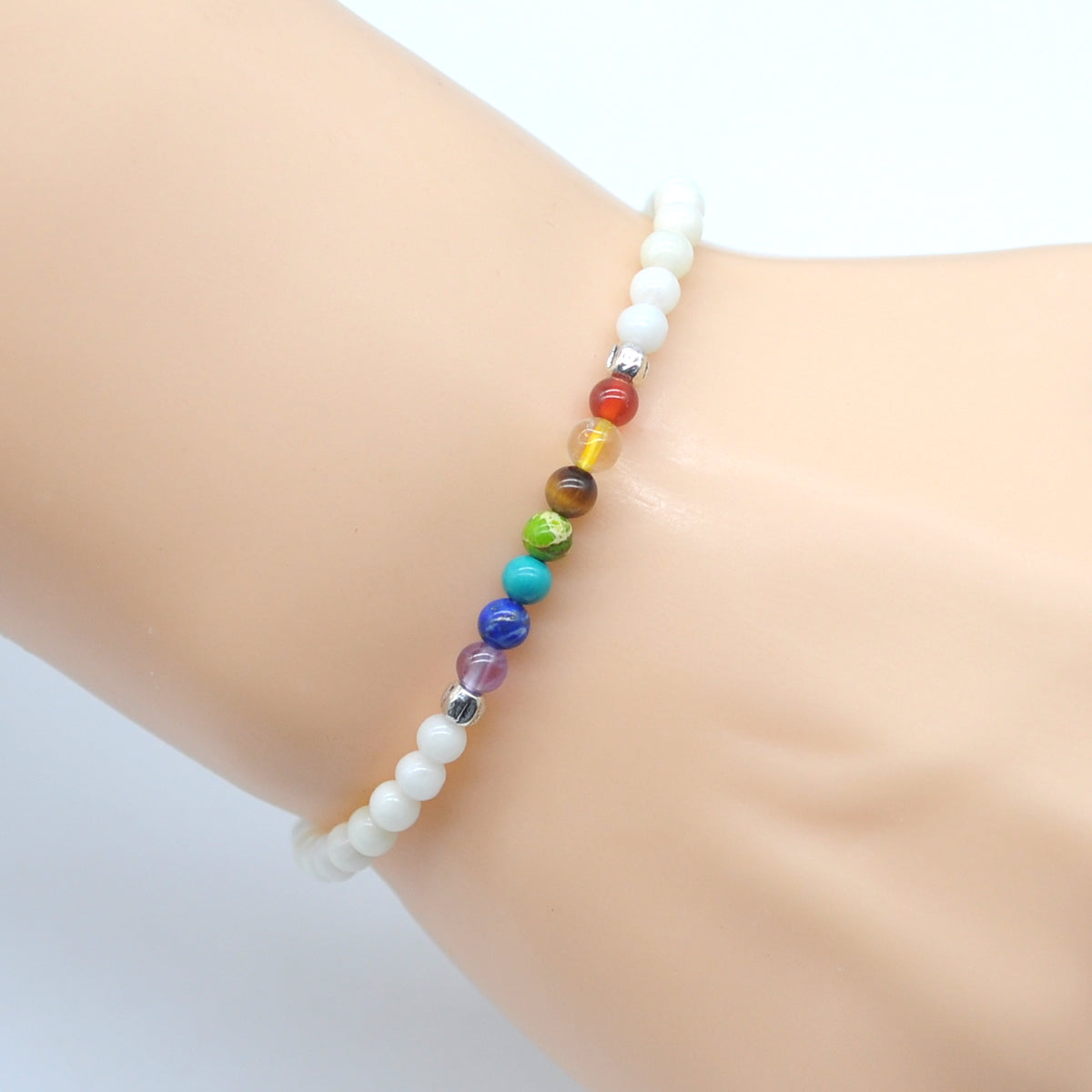 CGB889 Ivory Jade With 7 Chakra Stretch Bracelet Round 4mm