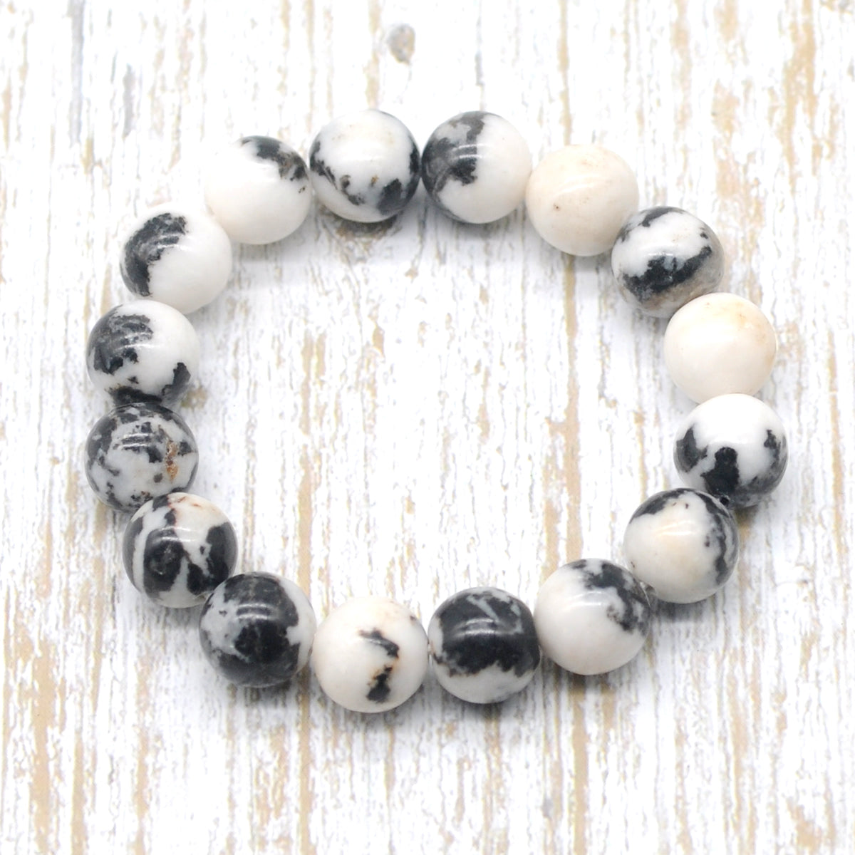 CGB89 Black & White Jasper Beads Stretch Bracelet Smooth Round 10mm 12mm