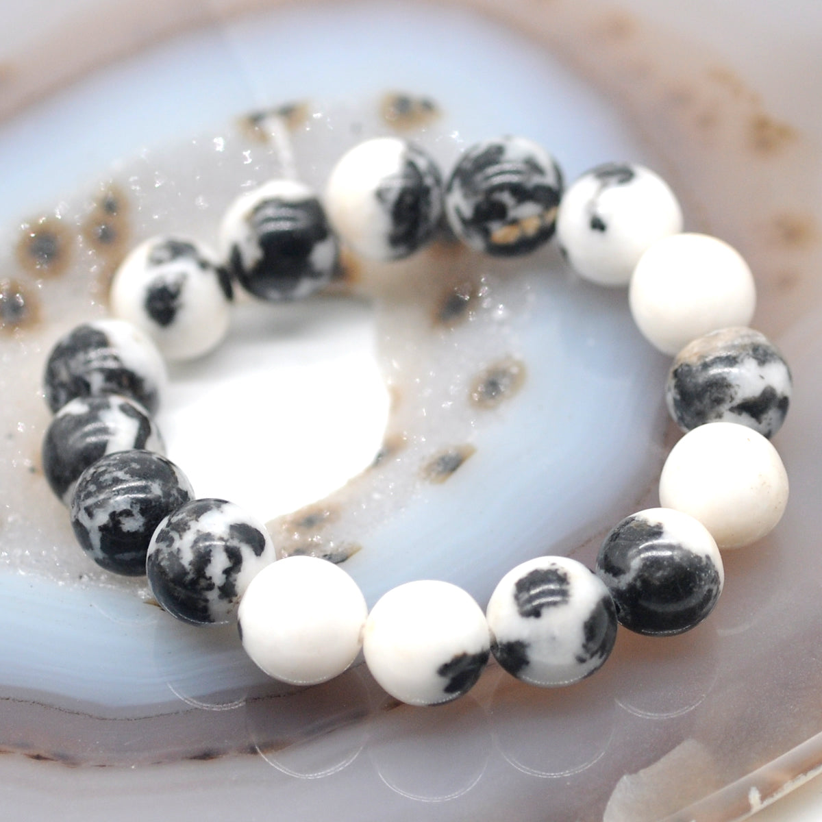 CGB89 Black & White Jasper Beads Stretch Bracelet Smooth Round 10mm 12mm