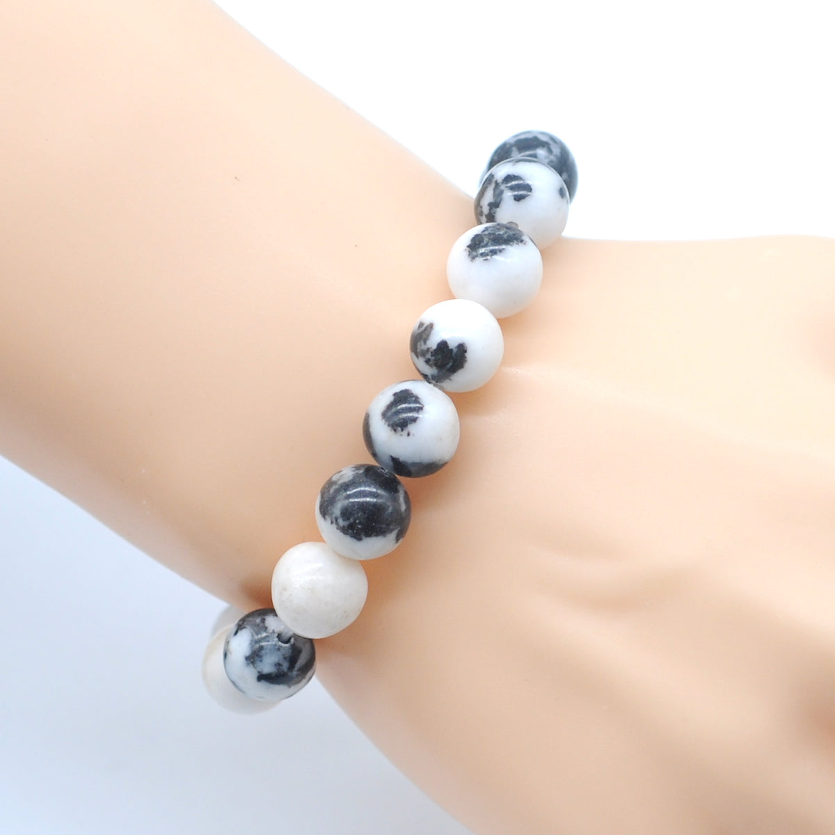 CGB89 Black & White Jasper Beads Stretch Bracelet Smooth Round 10mm 12mm