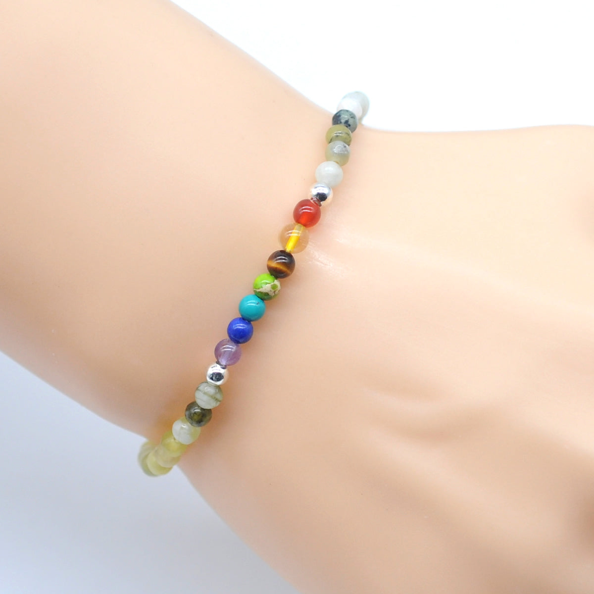 CGB891 Flower Jade With 7 Chakra Stretch Bracelet Round 4mm