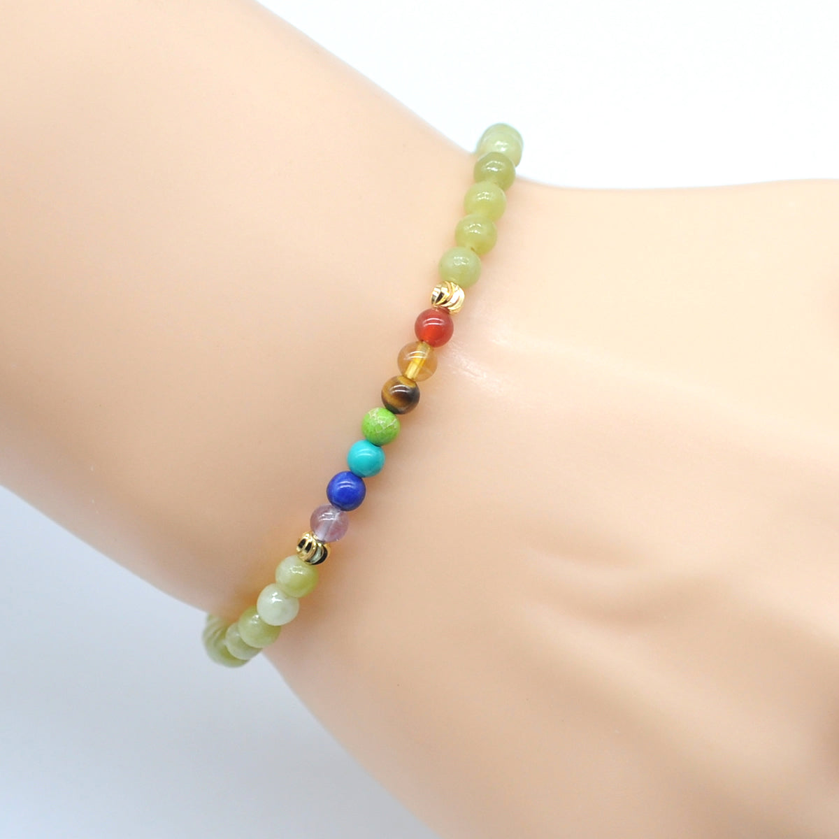 CGB892 China Jade With 7 Chakra Stretch Bracelet Round 4mm