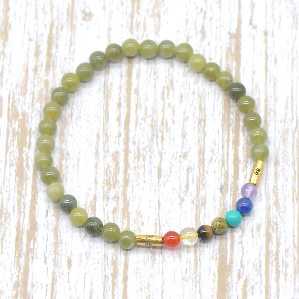 CGB893 Canadian Jade With 7 Chakra Stretch Bracelet Round 4mm