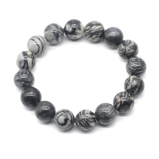 CGB90 Black Net Jasper Beads Stretch Bracelet Smooth Round 10mm 12mm