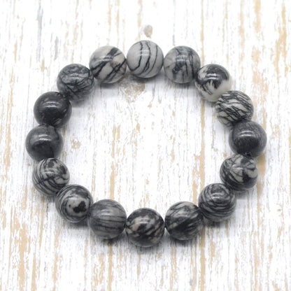 CGB90 Black Net Jasper Beads Stretch Bracelet Smooth Round 10mm 12mm