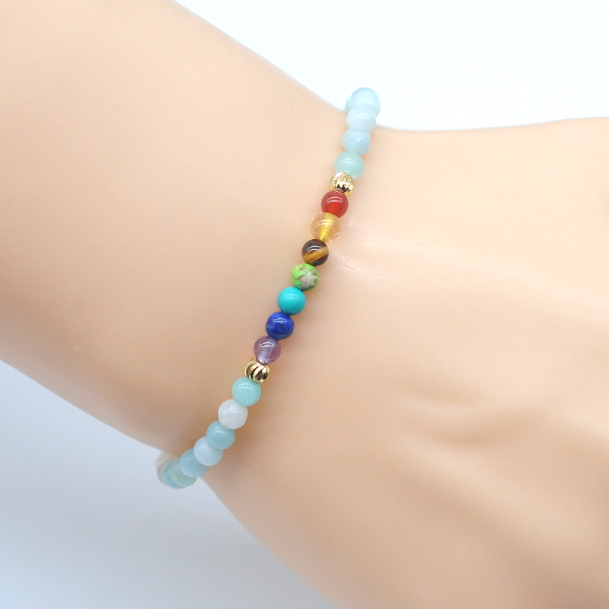 CGB902 Amazonite With 7 Chakra Beaded Stretch Bracelet Round 4mm