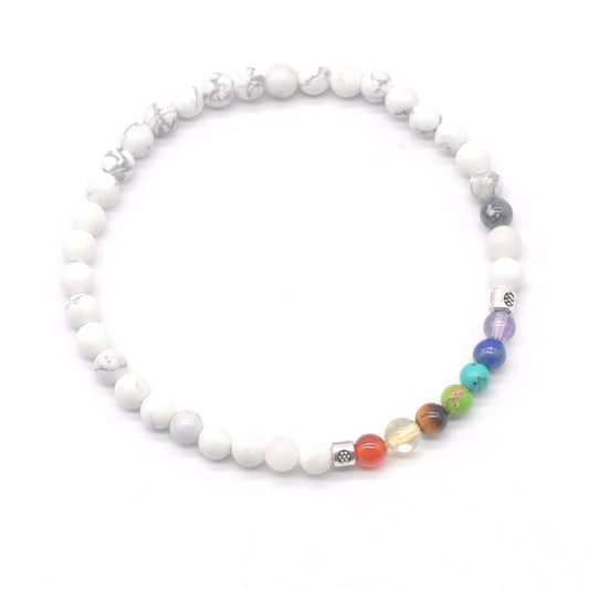 CGB903 White Howlite With 7 Chakra Stretch Bracelet Round 4mm