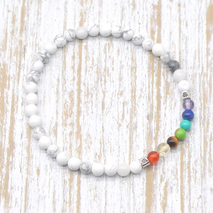 CGB903 White Howlite With 7 Chakra Stretch Bracelet Round 4mm