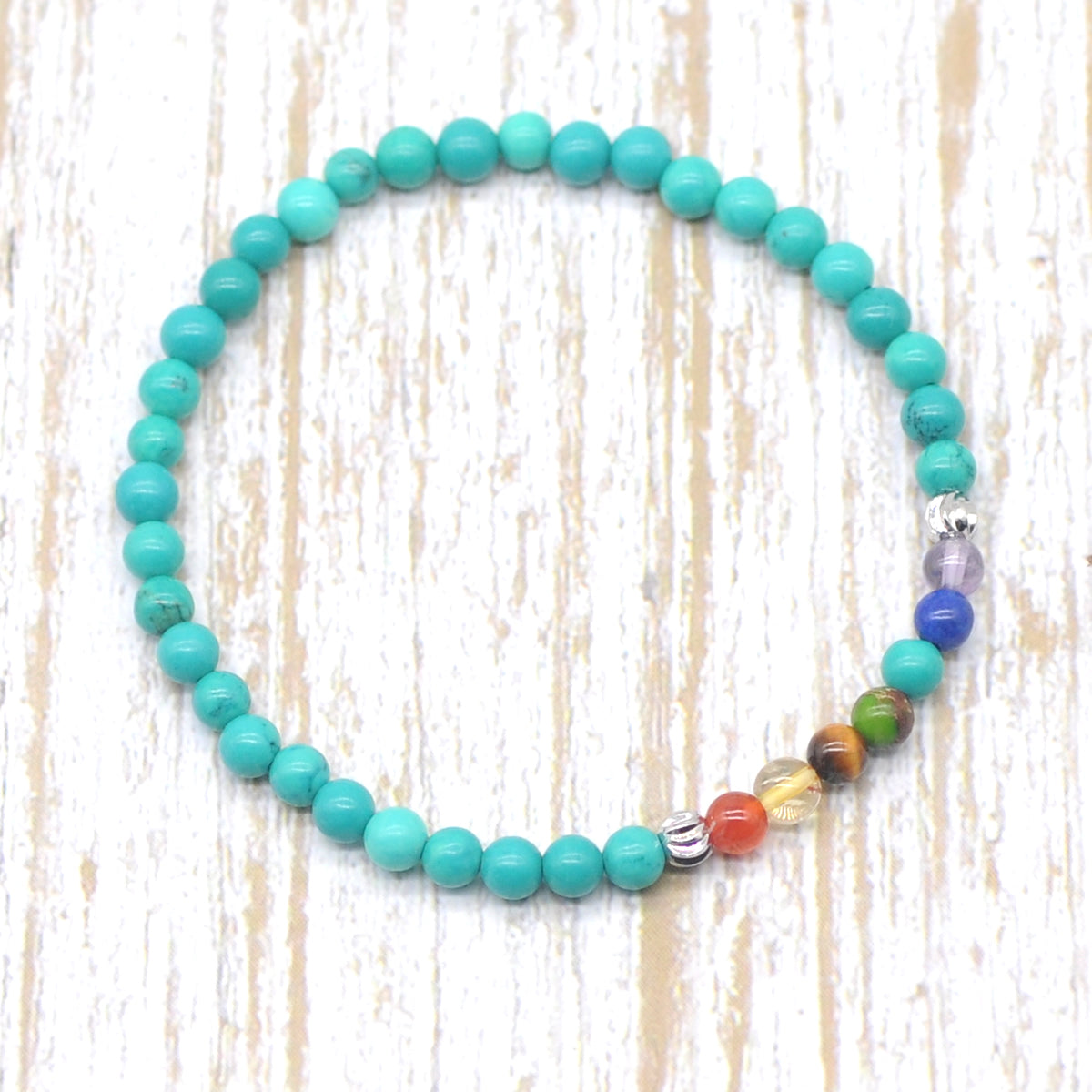 CGB904 Turquoise With 7 Chakra Beaded Stretch Bracelet Round 4mm