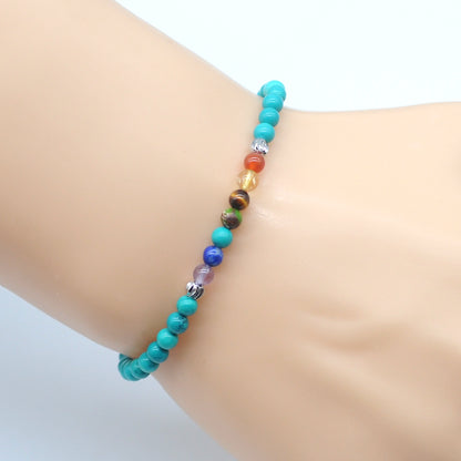 CGB904 Turquoise With 7 Chakra Beaded Stretch Bracelet Round 4mm