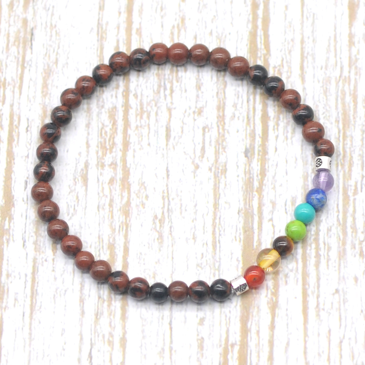 CGB909 Mahogany Obsidian With 7 Chakra Stretch Bracelet Round 4mm