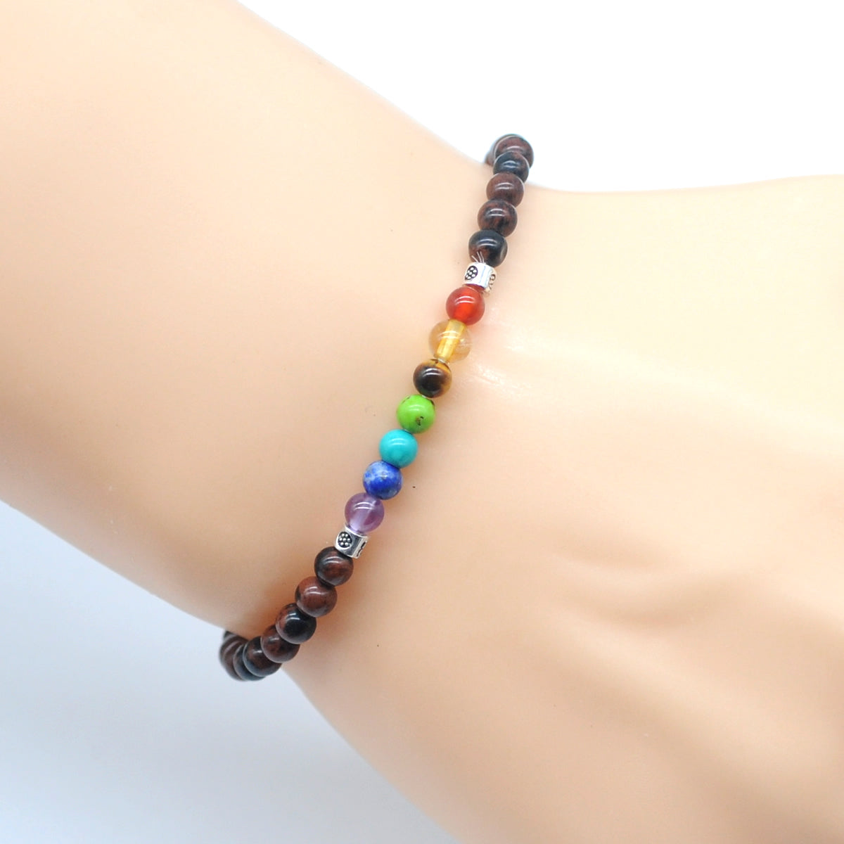 CGB909 Mahogany Obsidian With 7 Chakra Stretch Bracelet Round 4mm