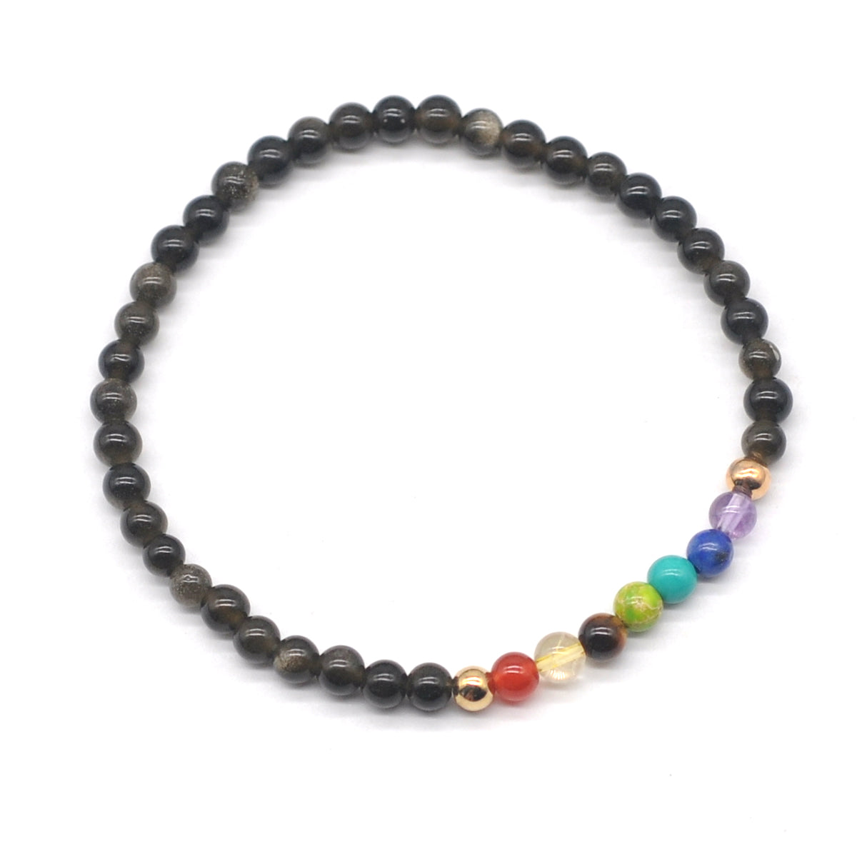 CGB911 Golden Obsidian With 7 Chakra Stretch Bracelet Round 4mm