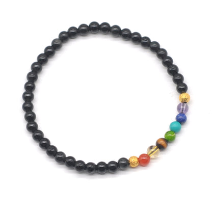 CGB912 Black Obsidian With 7 Chakra Stretch Bracelet Round 4mm