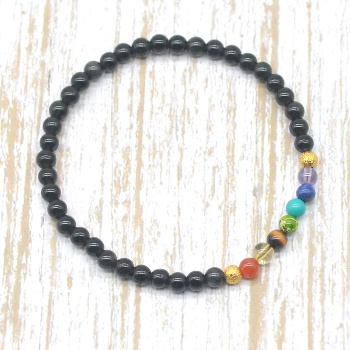 CGB912 Black Obsidian With 7 Chakra Stretch Bracelet Round 4mm