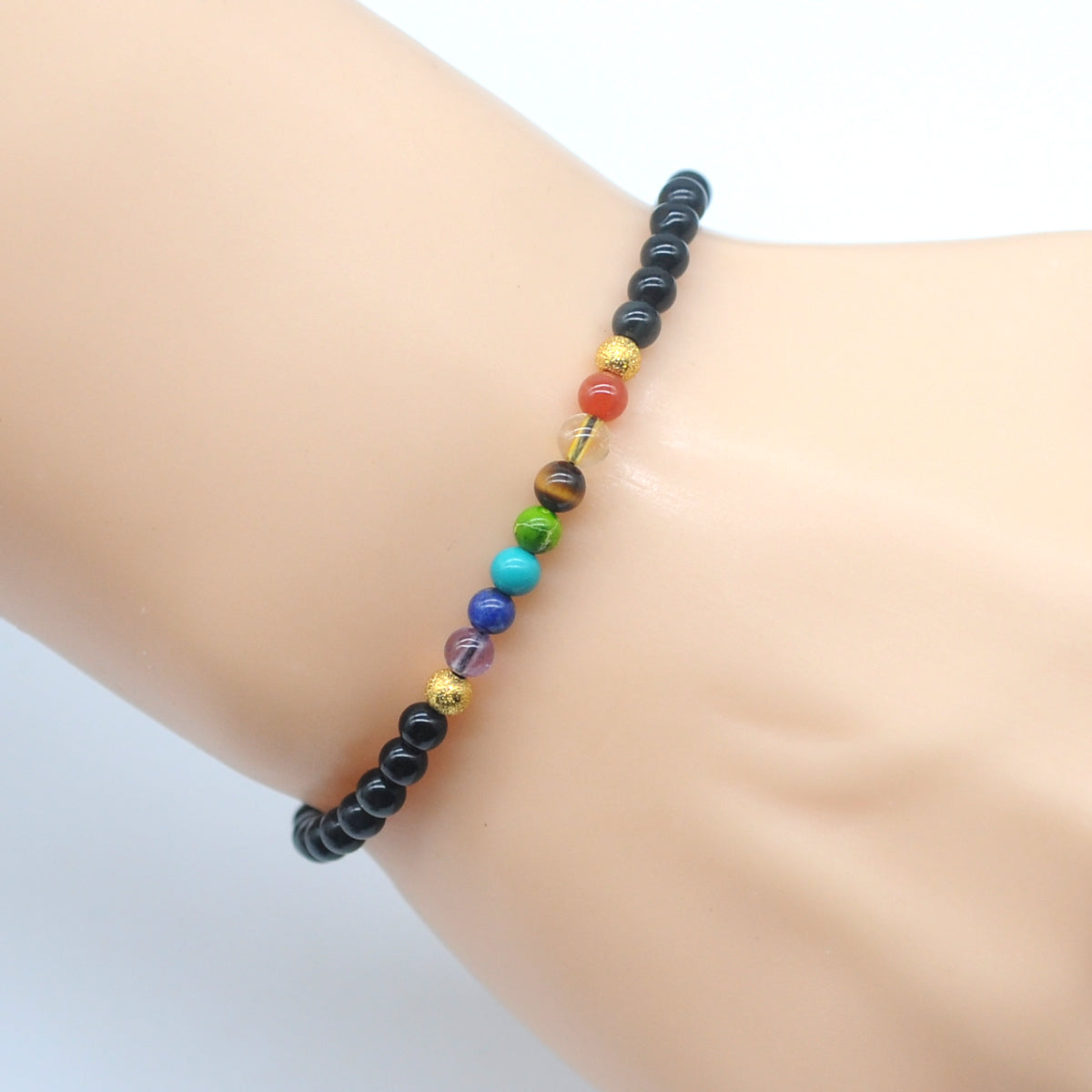 CGB912 Black Obsidian With 7 Chakra Stretch Bracelet Round 4mm