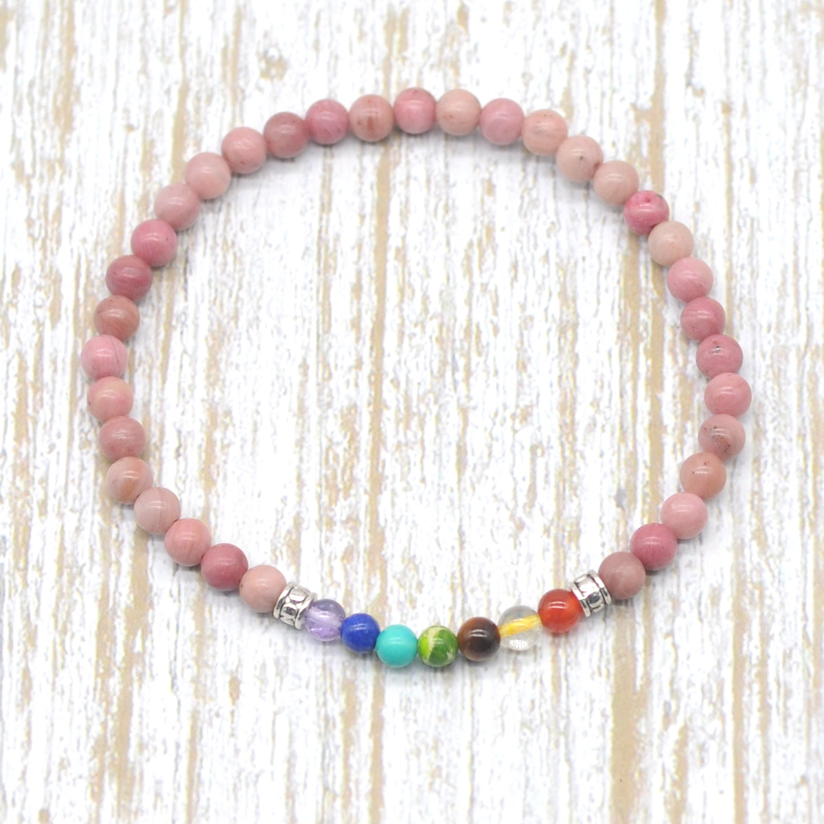 CGB916 Pink Wood Jasper With 7 Chakra Stretch Bracelet Round 4mm