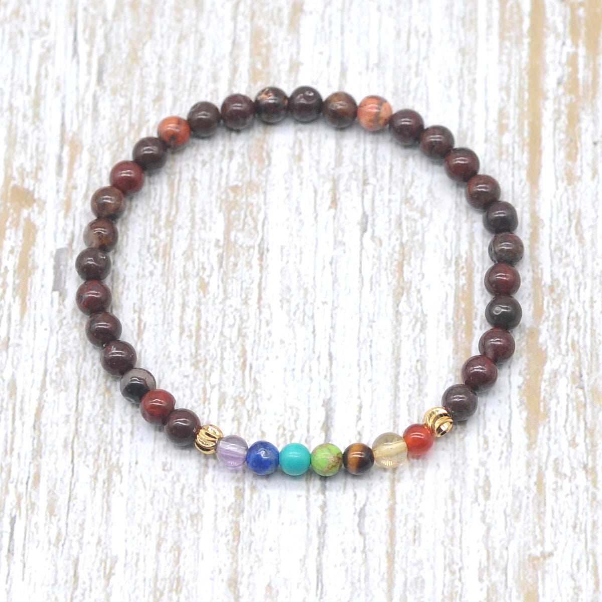 CGB917 Brecciated Jasper With 7 Chakra Stretch Bracelet Round 4mm