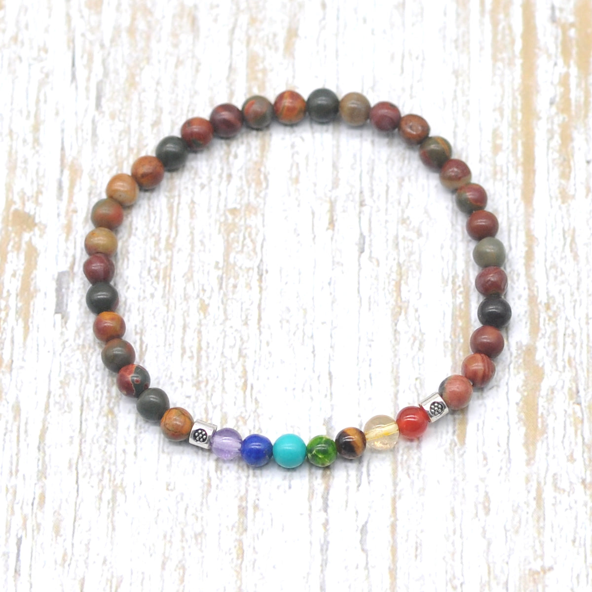 CGB918 Picasso Jasper With 7 Chakra Stretch Bracelet Round 4mm