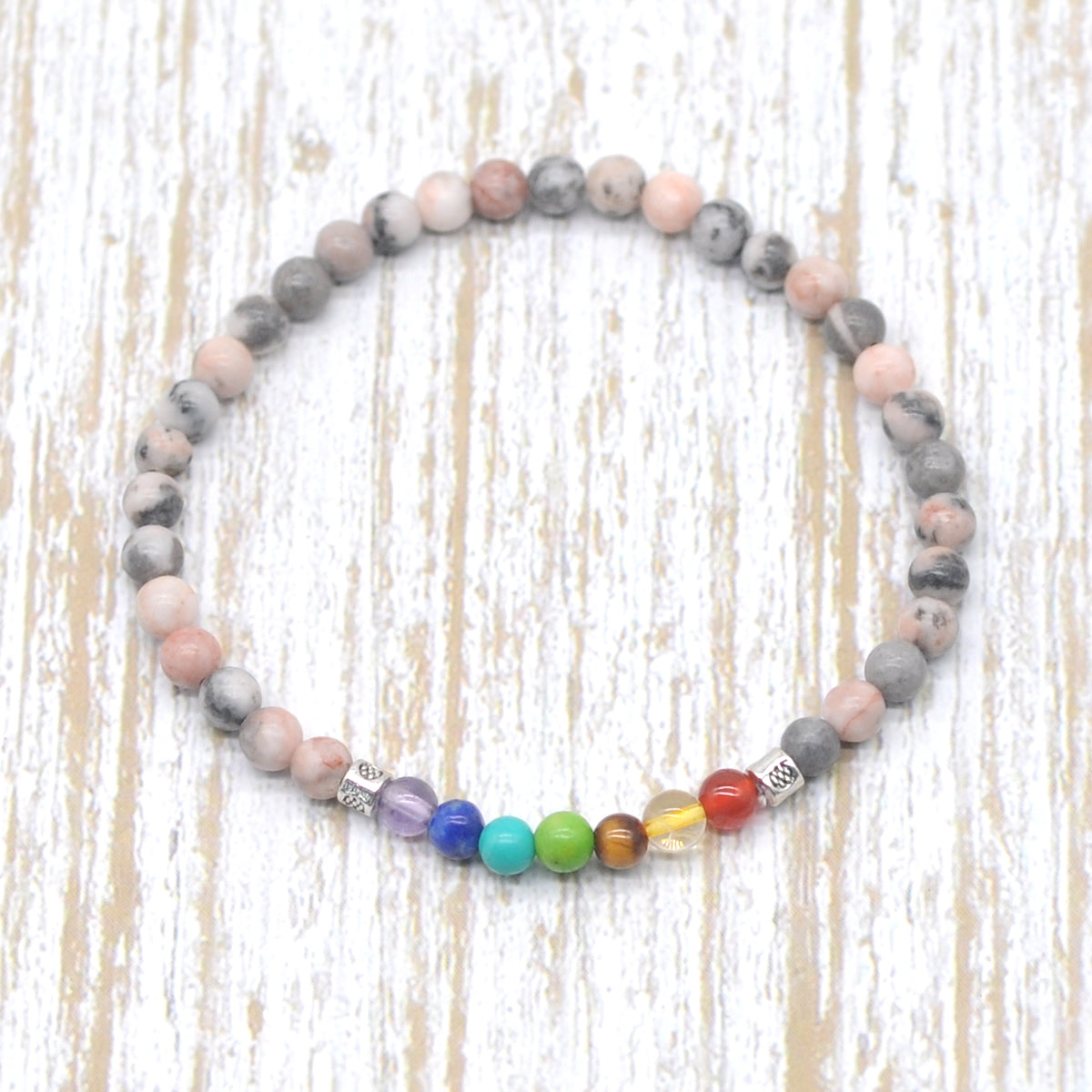 CGB919 Pink Zebra Jasper With 7 Chakra Stretch Bracelet Round 4mm