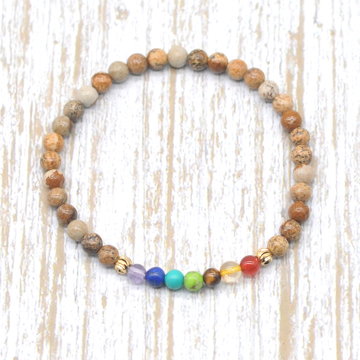 CGB921 Picture Jasper With 7 Chakra Stretch Bracelet Round 4mm