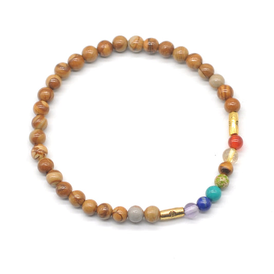 CGB923 Yellow Wood Grain Jasper With 7 Chakra Stretch Bracelet Round 4mm