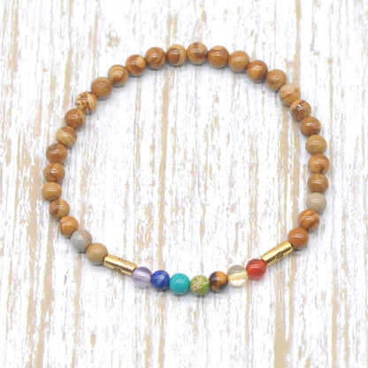 CGB923 Yellow Wood Grain Jasper With 7 Chakra Stretch Bracelet Round 4mm